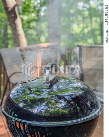 Summer picnic with small charcoal grill and steaks on deck 134199263