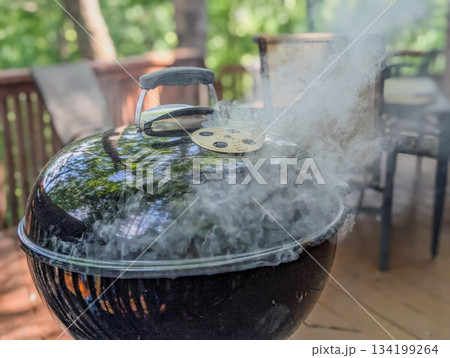 Summer picnic with small charcoal grill and steaks on deck 134199264