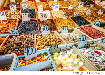 Dried fruits and nuts at the Osh bazaar in Bishkek, capital of Kyrgyzstan. Dried fruits and nuts at the Osh bazaar in Bishkek, capital of Kyrgyzstan. 134199373