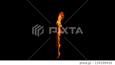 Photography of a burning wooden beam isolated on a black background. Detailed fire textures ideal for VFX, compositing, overlays, graphics, and cinematic effects. 134199416