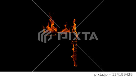 Photography of a burning wooden beam in L shape isolated on a black background. Detailed fire textures ideal for VFX, compositing, overlays, graphics, and cinematic effects. 134199429
