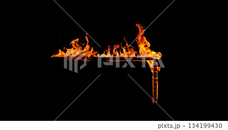 Photography of a burning wooden beam in L shape isolated on a black background. Detailed fire textures ideal for VFX, compositing, overlays, graphics, and cinematic effects. 134199430