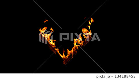 Photography of a burning wooden beam in L shape isolated on a black background. Detailed fire textures ideal for VFX, compositing, overlays, graphics, and cinematic effects. 134199455