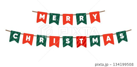 Merry Christmas banner. Red and Green festive garland isolated on background. Holiday decoration graphic for seasonal greeting cards, winter celebration. Party bunting flags advent vector illustration 134199508