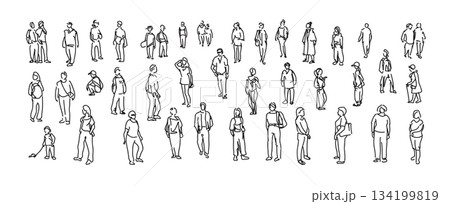 People sketch. Casual group of people silhouettes. Outline hand drawing illustration 134199819