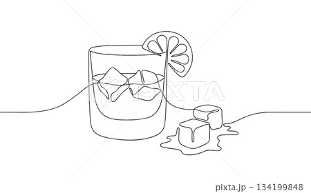 Whiskies and ice. Scotch on the rocks in glass. Whiskey and soda. Continuous one line drawing vector illustration Whiskies and ice. Scotch on the rocks in glass. Whiskey and soda. Continuous one line drawing vector illustration 134199848