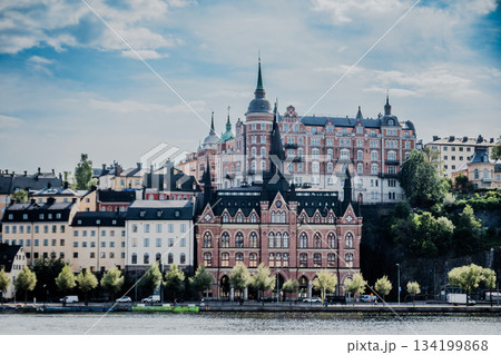 Stockholm Sweden panoramic view downtown and Gamla Stan Old Town over calm water 134199868