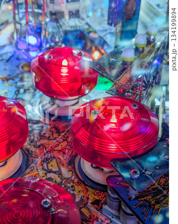 pinball machine details close-up at the arcade 134199894