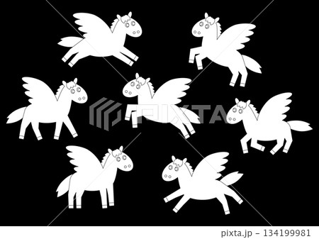 かわいいペガサスのいろいろなポーズセット(白黒) 134199981