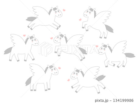 かわいいペガサスとハートいろいろなポーズセット かわいいペガサスとハートいろいろなポーズセット 134199986