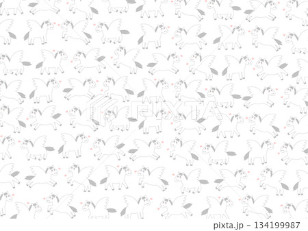 かわいいペガサスとハート模様背景イラスト 134199987