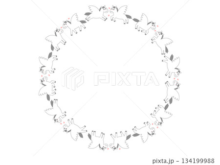 かわいいペガサスの円形フレームイラスト 134199988