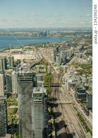 Toronto scenic cityscape from the Cn Tower top, Ontario, Canada 134200249