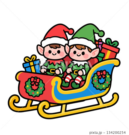 Elves Inside A Christmas Sleigh Of Presents 134200254