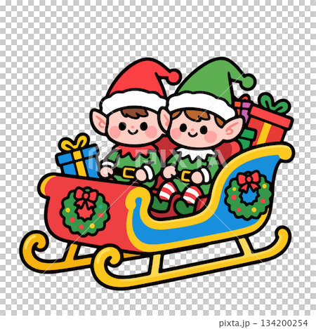 Elves Inside A Christmas Sleigh Of Presents 134200254