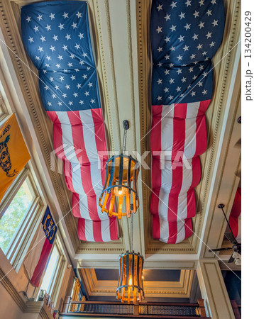 public space ceiling with american flag hanging 134200429