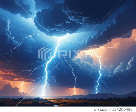 激しい雷が光る dramatic な夜の空 134200486