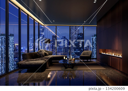 Ultra-luxurious, dark, and modern living room in a high-rise penthouse 3d render 134200609