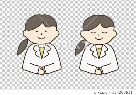 手を組んでお辞儀する白衣を着た女性 134200611