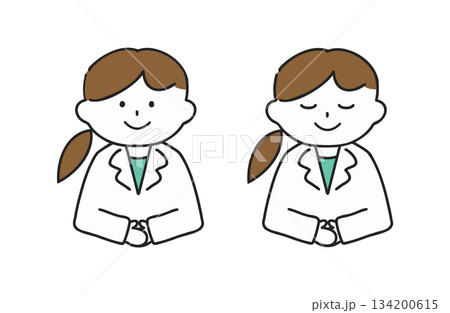 手を組んでお辞儀する白衣を着た女性 134200615