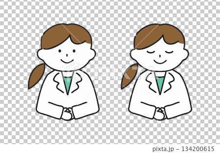 手を組んでお辞儀する白衣を着た女性 134200615