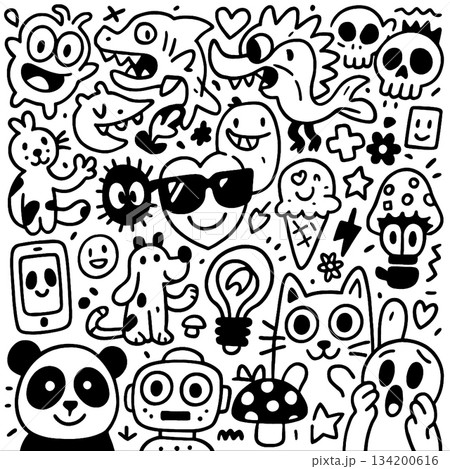 Isolated layered lineart outline of cute doodle animals objects and skulls separated playful 134200616