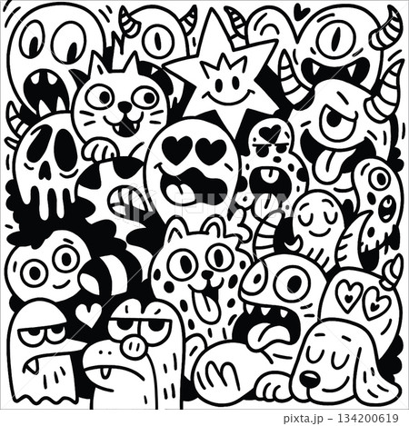 Isolated separated layered lineart outline of doodle cartoon animals and monsters with playful 134200619