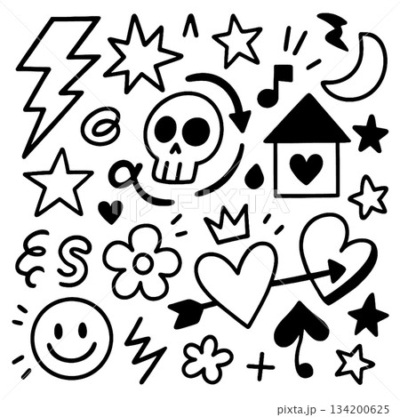 Isolated layered lineart outline of various separated doodle icons including heart skull star Isolated layered lineart outline of various separated doodle icons including heart skull star 134200625
