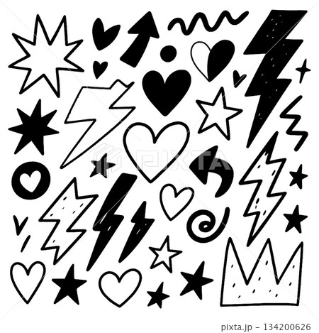 Isolated layered lineart outline shapes separated as stars hearts lightning crown and arrows Isolated layered lineart outline shapes separated as stars hearts lightning crown and arrows 134200626
