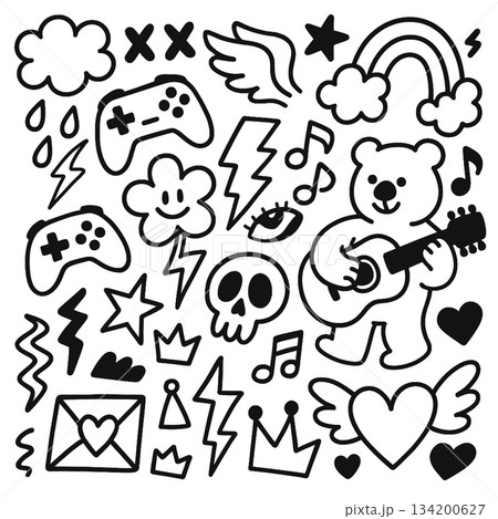 Isolated bear with guitar separated from layered lineart outline of playful doodle elements Isolated bear with guitar separated from layered lineart outline of playful doodle elements 134200627