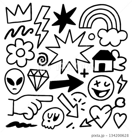 Isolated separated layered lineart outline of various doodle icons including crown flower house Isolated separated layered lineart outline of various doodle icons including crown flower house 134200628