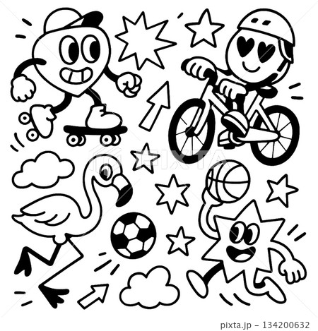 Isolated separated layered lineart outline of cartoon characters skateboarding cycling playing 134200632
