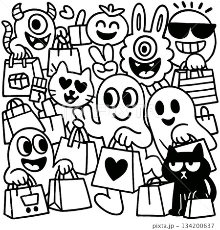 Isolated separated layered lineart outline of happy cartoon monsters and cats holding shopping Isolated separated layered lineart outline of happy cartoon monsters and cats holding shopping 134200637