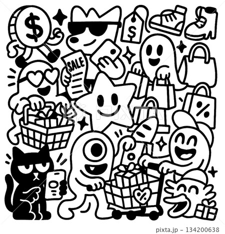 Isolated separated layered lineart outline shopping scene with happy characters and various items Isolated separated layered lineart outline shopping scene with happy characters and various items 134200638