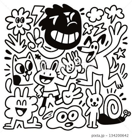 Isolated separated layered lineart outline cartoon animals and characters with playful happy 134200642