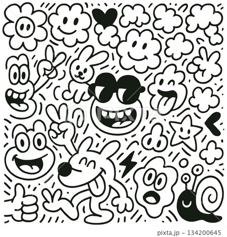 Isolated separated layered lineart outline cartoon doodle features happy animal flower cloud 134200645