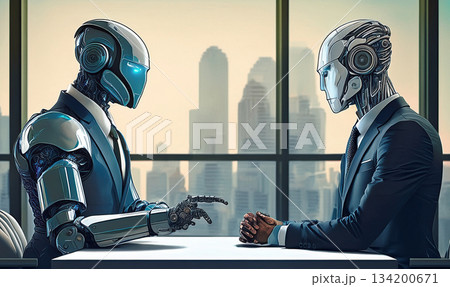 サイバー空間のオフィスで商談をするロボットのビジネスマン 134200671