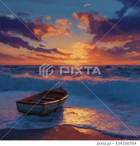 Small boat sitting on the beach as orange waves gently wash ashore during sunset. Wooden boat resting on beach at colorful sunset 134200764