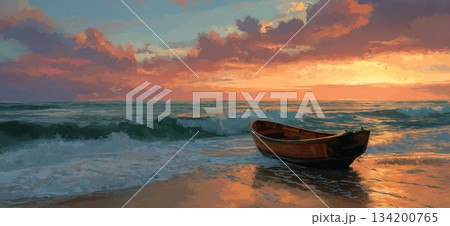 Small boat sitting on the beach as orange waves gently wash ashore during sunset. Wooden boat resting on beach at colorful sunset 134200765