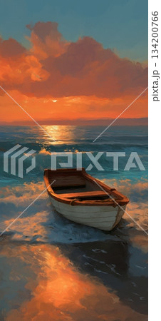 Small boat sitting on the beach as orange waves gently wash ashore during sunset. Wooden boat resting on beach at colorful sunset Small boat sitting on the beach as orange waves gently wash ashore during sunset. Wooden boat resting on beach at colorful sunset 134200766