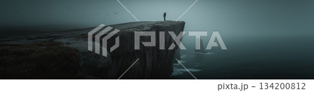 Lone figure standing on a cliff edge facing a...のイラスト素材 [134200812] - PIXTA