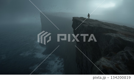 Lone figure standing on a cliff edge facing a...のイラスト素材 [134200819] - PIXTA
