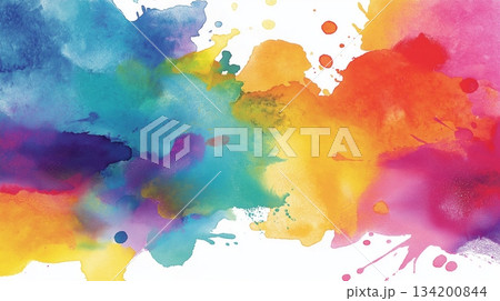 Watercolor splashing creating vibrant colorful abstract background. Watercolor paint creating bright, multicolored splatters and blotches on a clean white surface Watercolor splashing creating vibrant colorful abstract background. Watercolor paint creating bright, multicolored splatters and blotches on a clean white surface 134200844