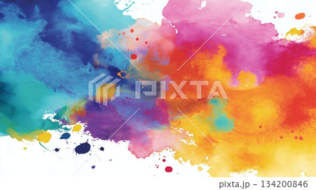 Watercolor splashing creating vibrant colorful abstract background. Watercolor paint creating bright, multicolored splatters and blotches on a clean white surface 134200846