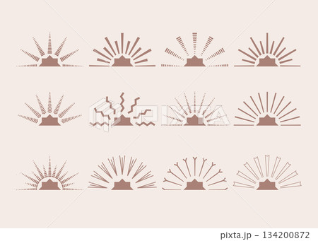 Abstract hand drawn half sun, star burst, sunrise, sunset symbols. Groovy retro sunbeams vector illustrations, sparkle effect. 134200872