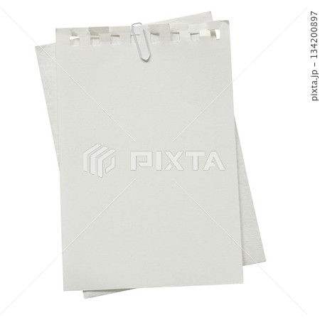 Set of blank torn notebook paper sheets with white paperclip. Empty textured note pages mockups isolated on white background. Scrapbooking, journaling, stationery object. Message reminder templates 134200897