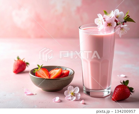 ピンク色の背景にイチゴと桜の花びらを添えたストロベリーソイミルク 134200957