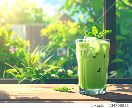 屋外の木製テーブルに置かれた水滴とミントの葉が爽やかなアイス抹茶ソイミルク 134200958