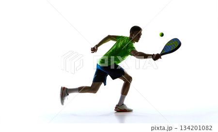 Dynamic padel athlete forehand stretch lunge silhouette on white. 134201082