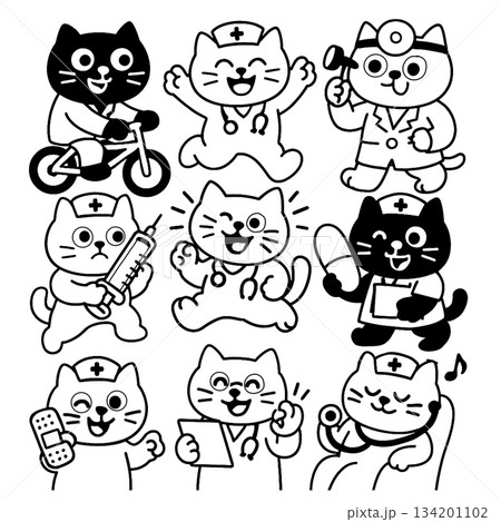 Cat nurse doctor cartoon black white happy medical healthcare stethoscope playful cute 134201102
